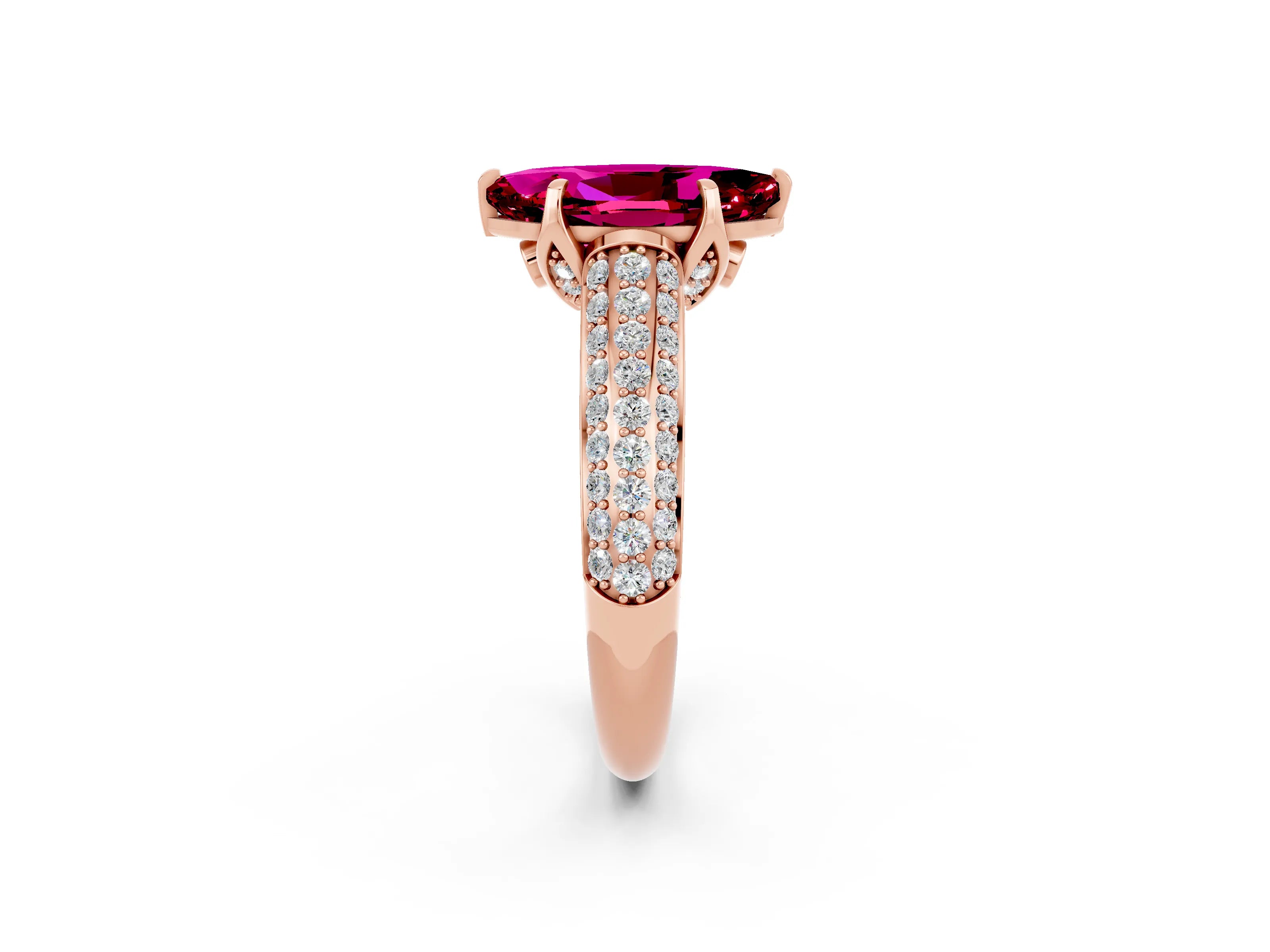 Rose gold Marquise Cut Garnet Solitaire Ring with Three-Row Pavé Band and Four-Prong Setting_14