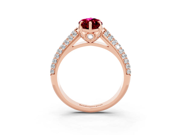 Rose gold Marquise Cut Garnet Solitaire Ring with Three-Row Pavé Band and Four-Prong Setting