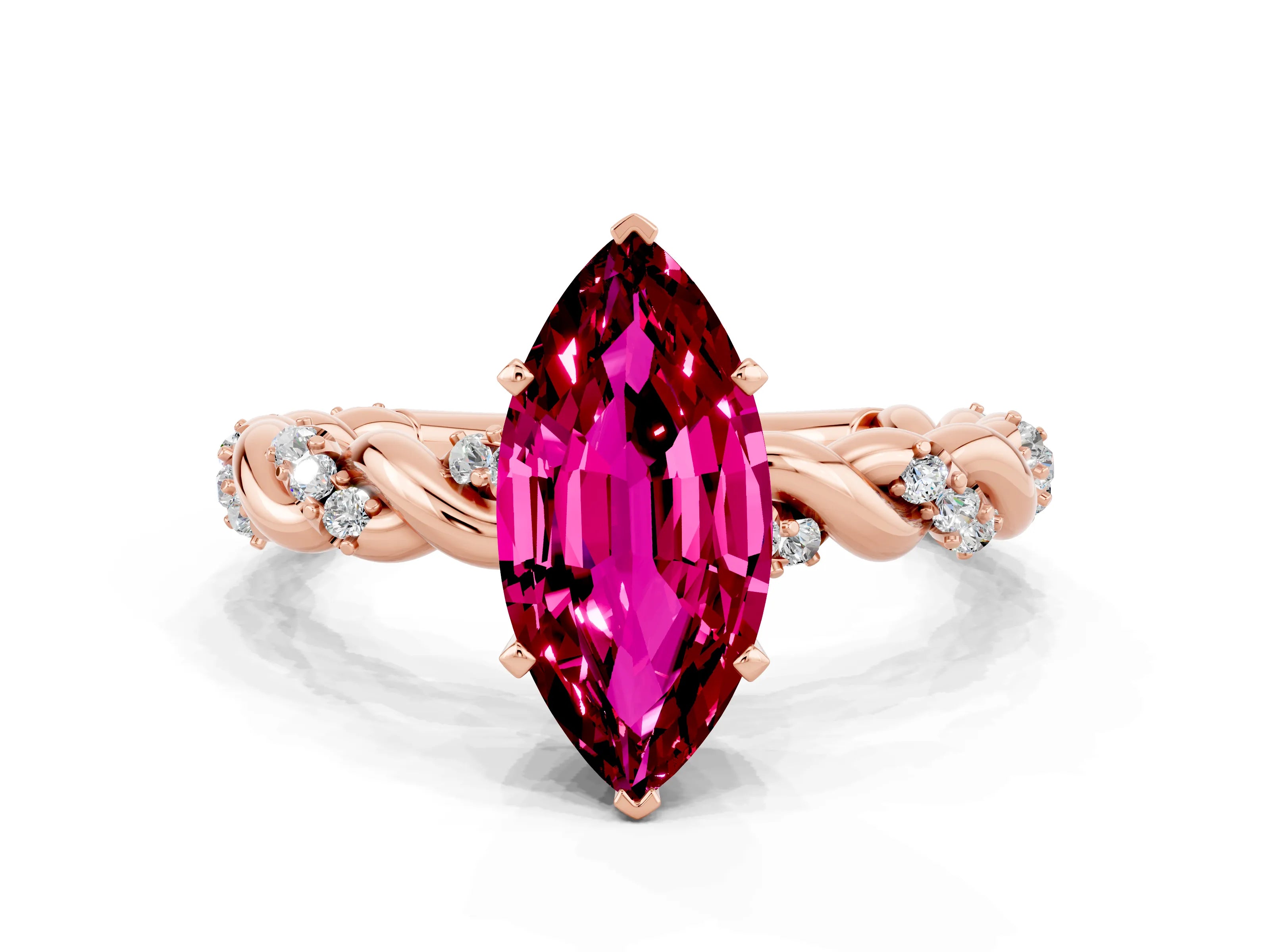 Rose gold Marquise Cut Garnet Solitaire Ring with Twisted Band and Pavé Accents