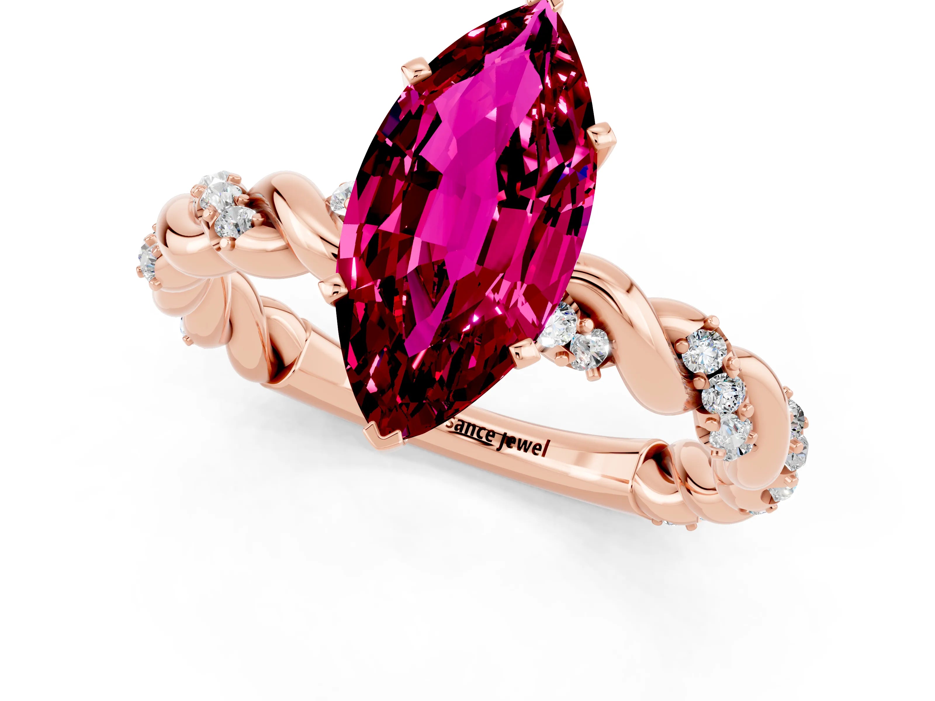Rose gold Marquise Cut Garnet Solitaire Ring with Twisted Band and Pavé Accents_1