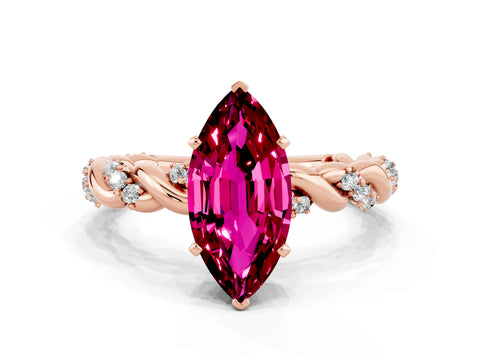 Rose gold Marquise Cut Garnet Solitaire Ring with Twisted Band and Pavé Accents