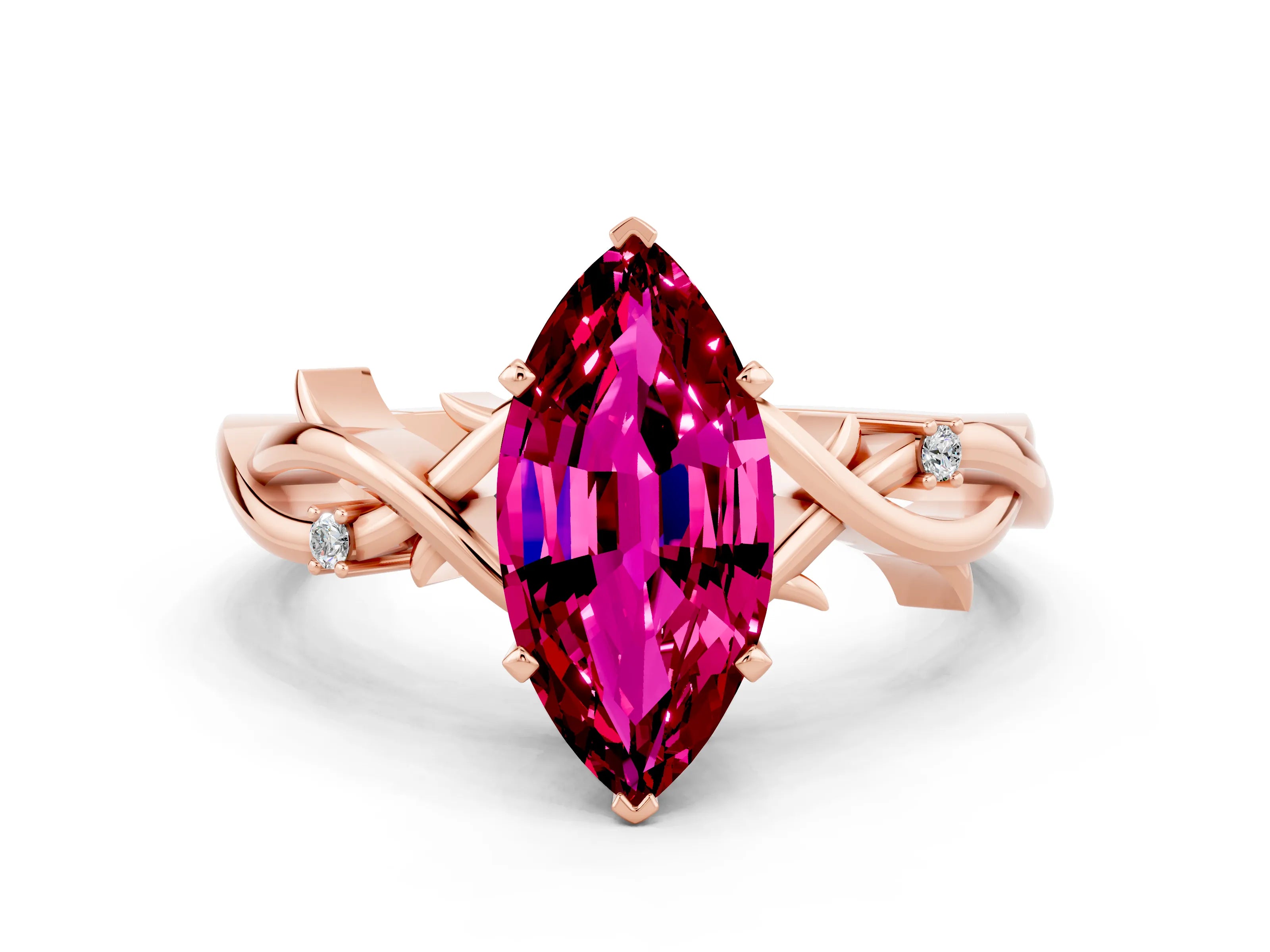 Rose gold Marquise Cut Garnet Solitaire Ring with Twisted Band and Prong Setting