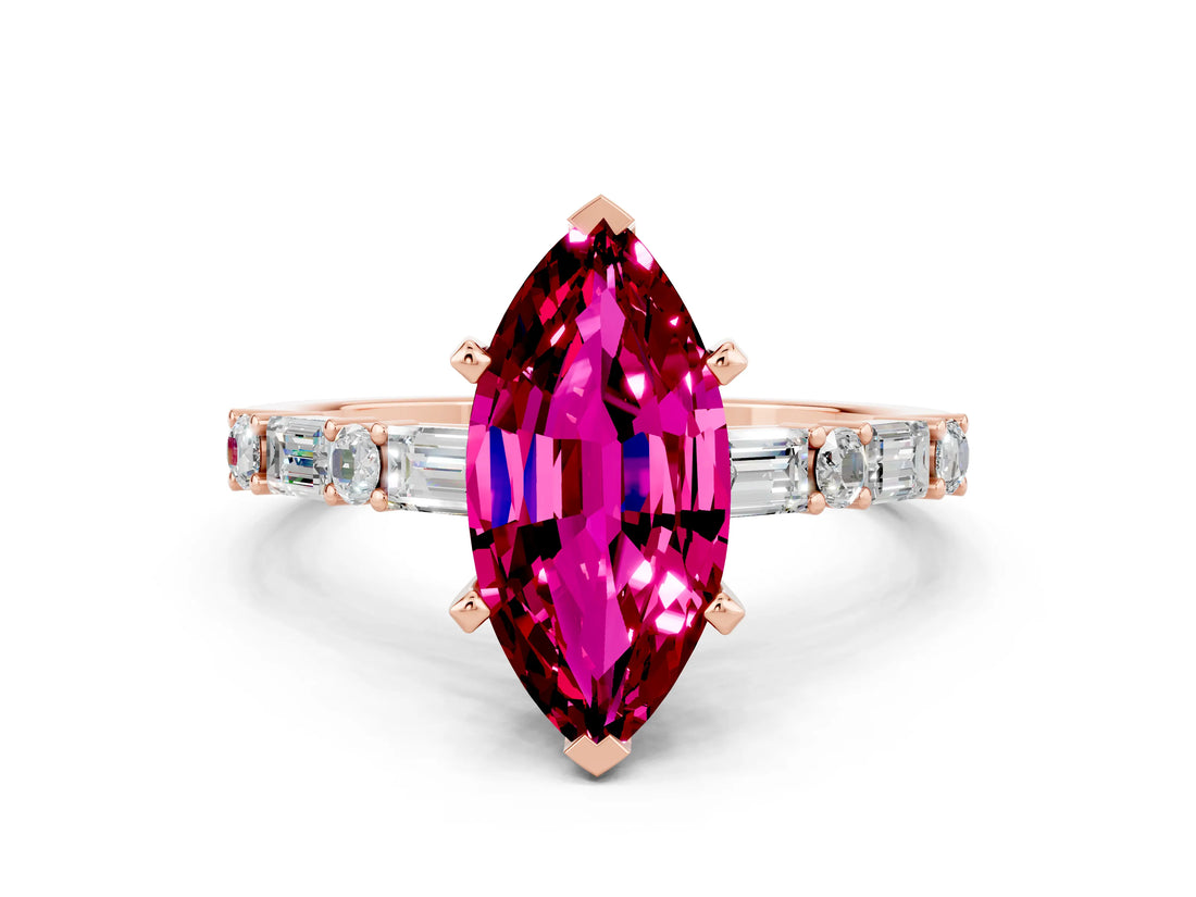Rose gold Marquise Cut Garnet Solitaire with Side Baguettes and Channel Set Band