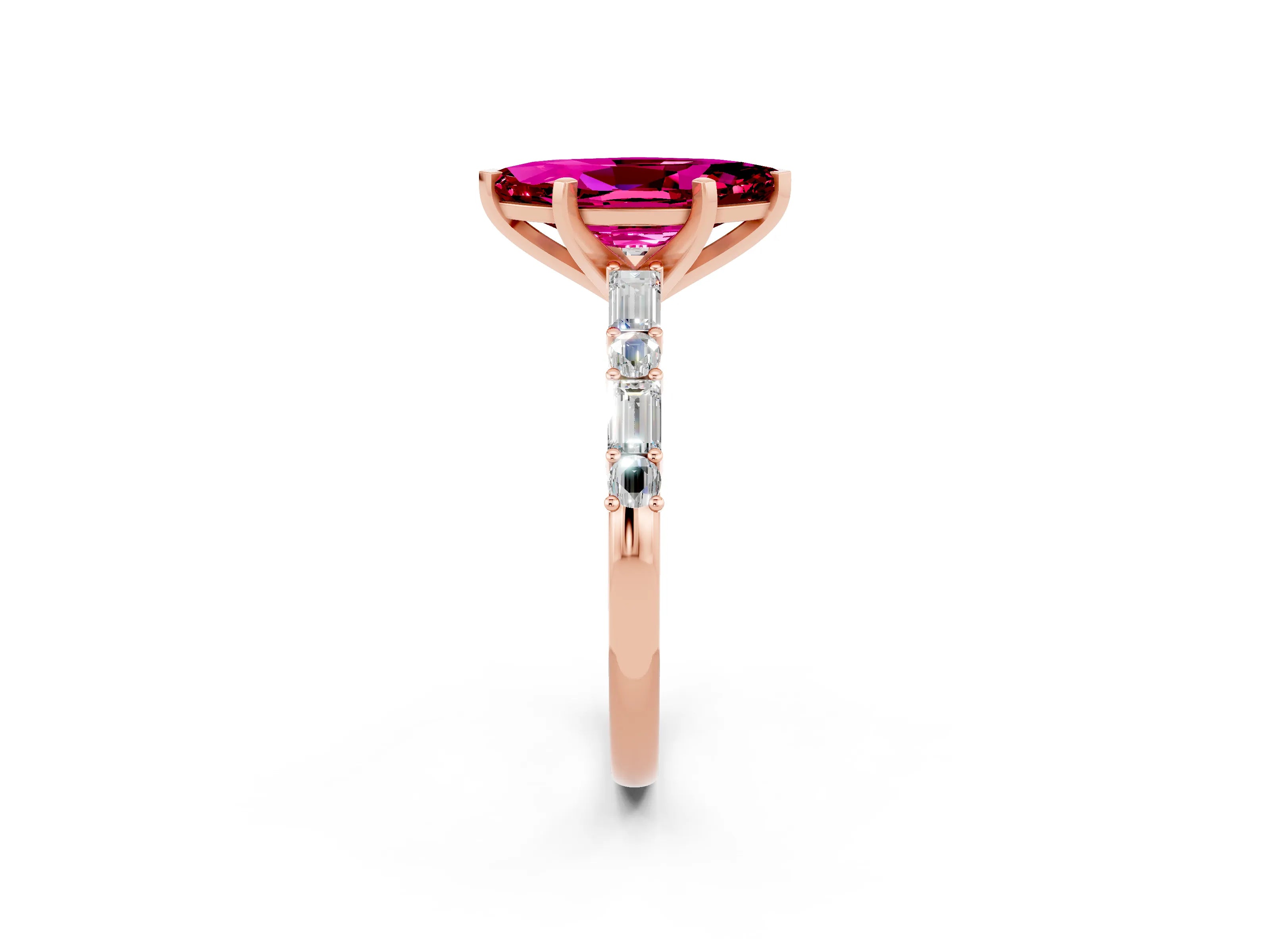 Rose gold Marquise Cut Garnet Solitaire with Side Baguettes and Channel Set Band_2