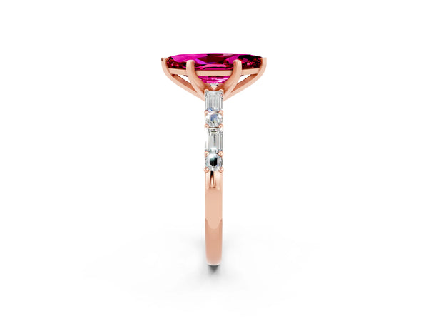 Rose gold Marquise Cut Garnet Solitaire with Side Baguettes and Channel Set Band