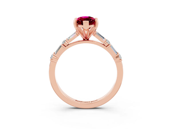 Rose gold Marquise Cut Garnet Solitaire with Side Baguettes and Channel Set Band