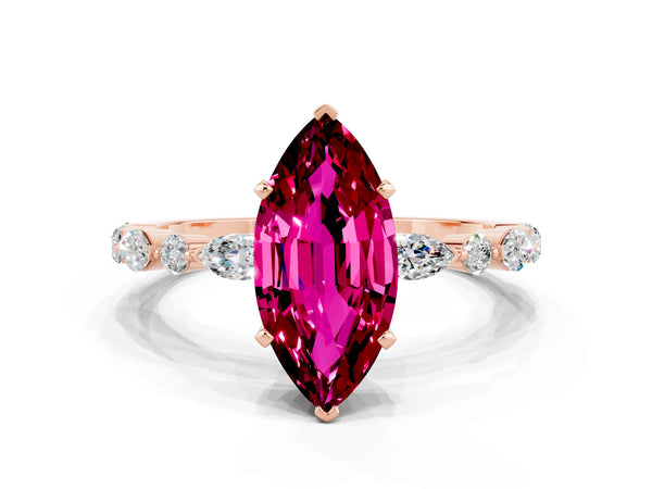 Rose gold Marquise Cut Garnet Ring with Marquise and Round  Side Stones and Four-Prong Setting
