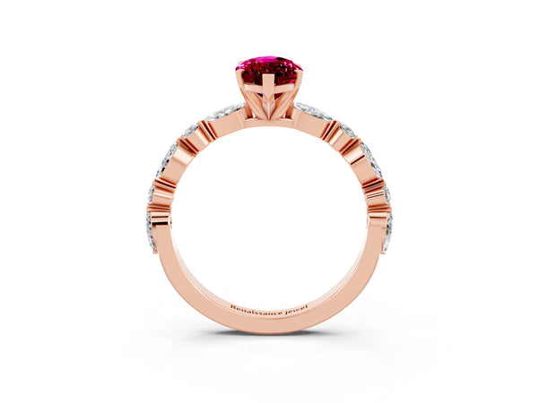 Rose gold Marquise Cut Garnet Ring with Marquise and Round  Side Stones and Four-Prong Setting