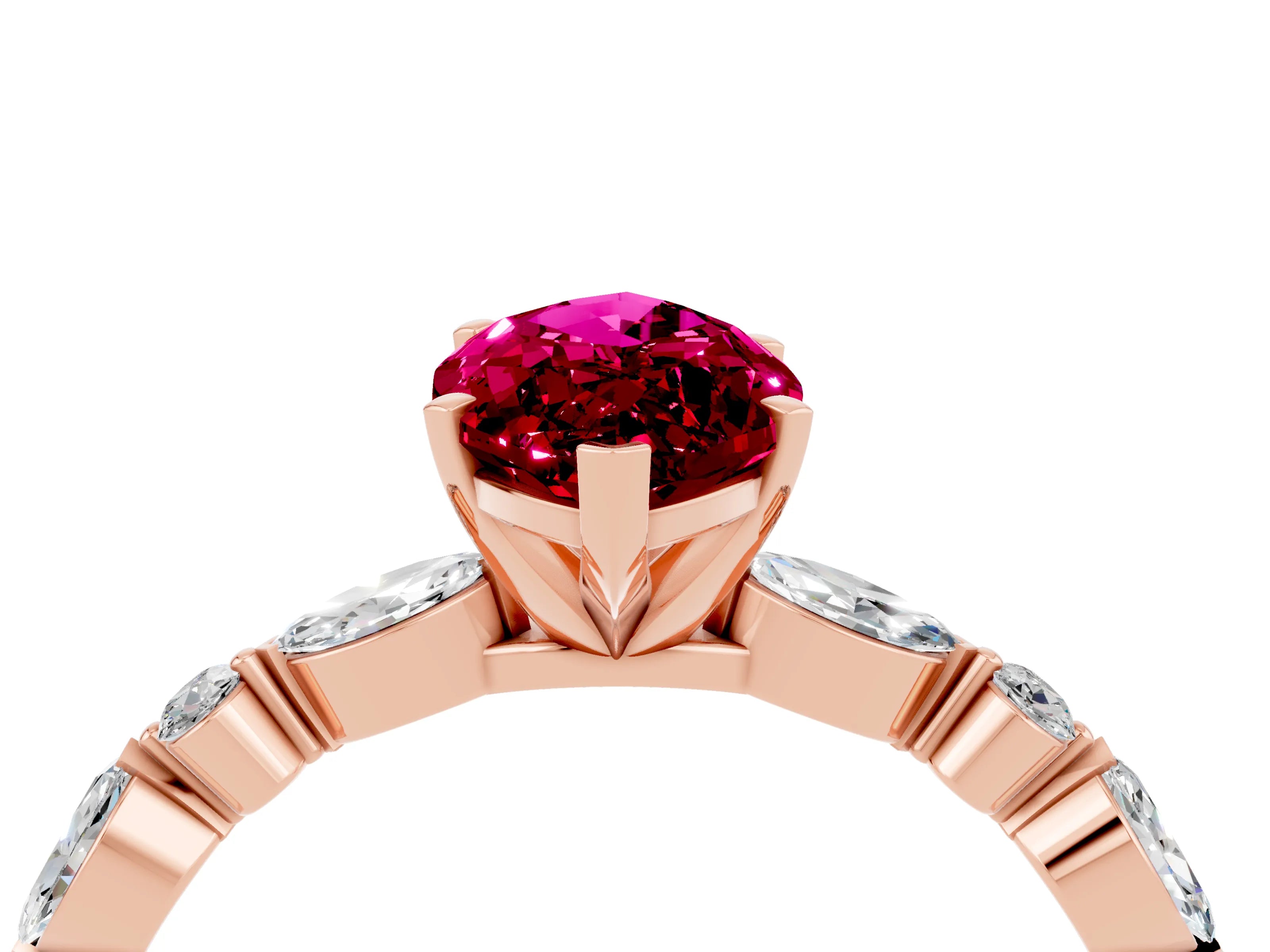 Rose gold Marquise Cut Garnet Solitaire with Side Stones on a Pavé Band and Four-Prong Setting_4
