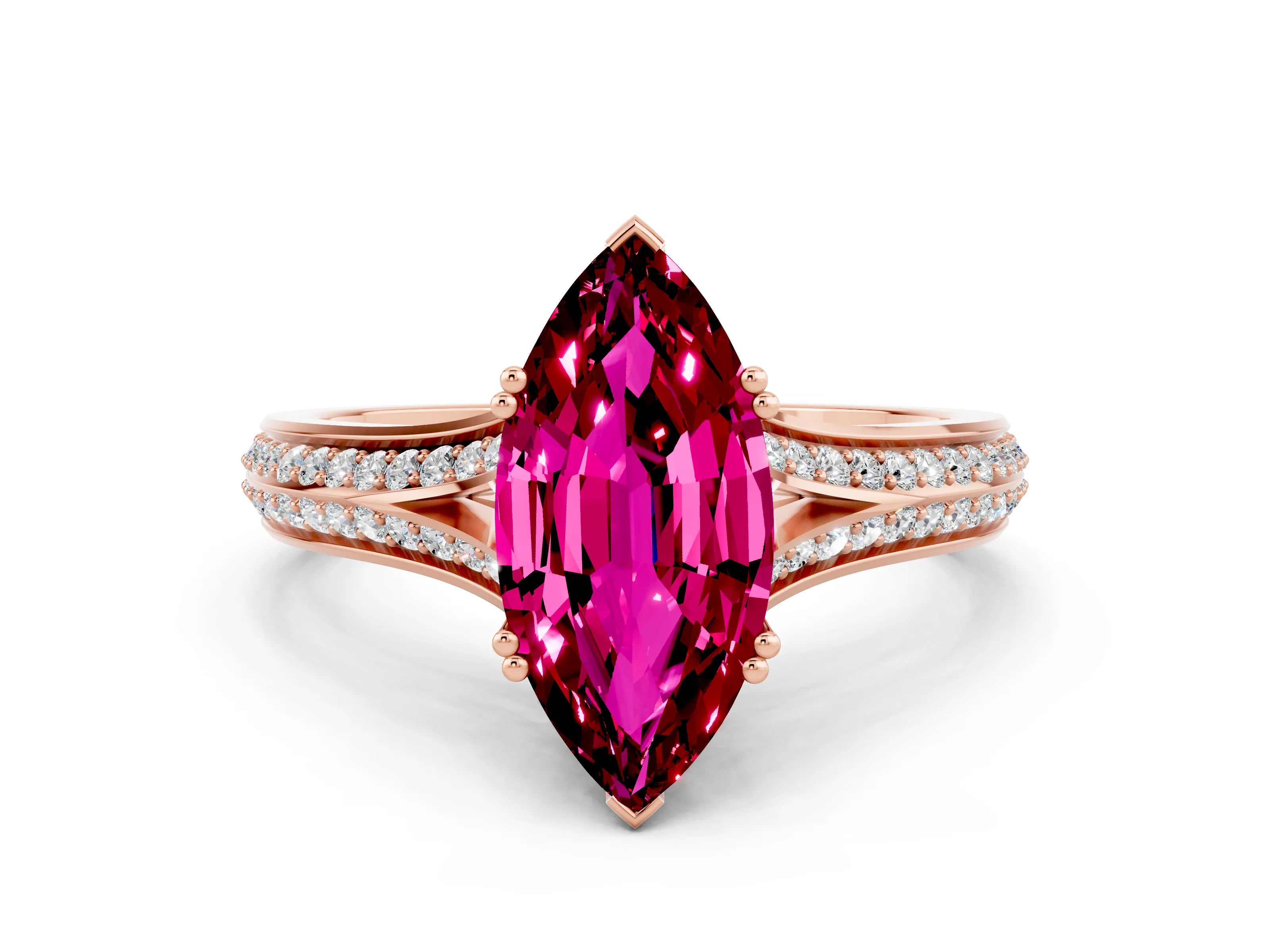 Rose gold Marquise Cut Garnet Split Shank Engagement Ring with Pavé Band