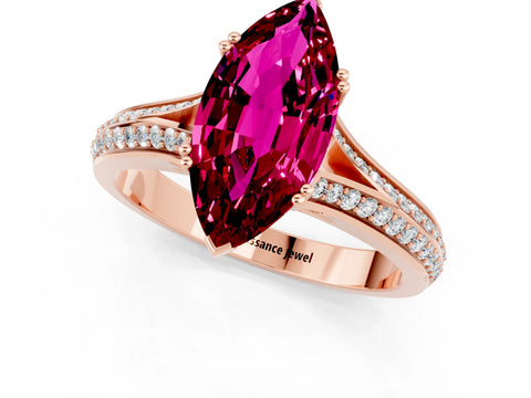 Rose gold Marquise Cut Garnet Split Shank Engagement Ring with Pavé Band_1