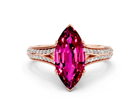 Rose gold Marquise Cut Garnet Split Shank Engagement Ring with Pavé Band