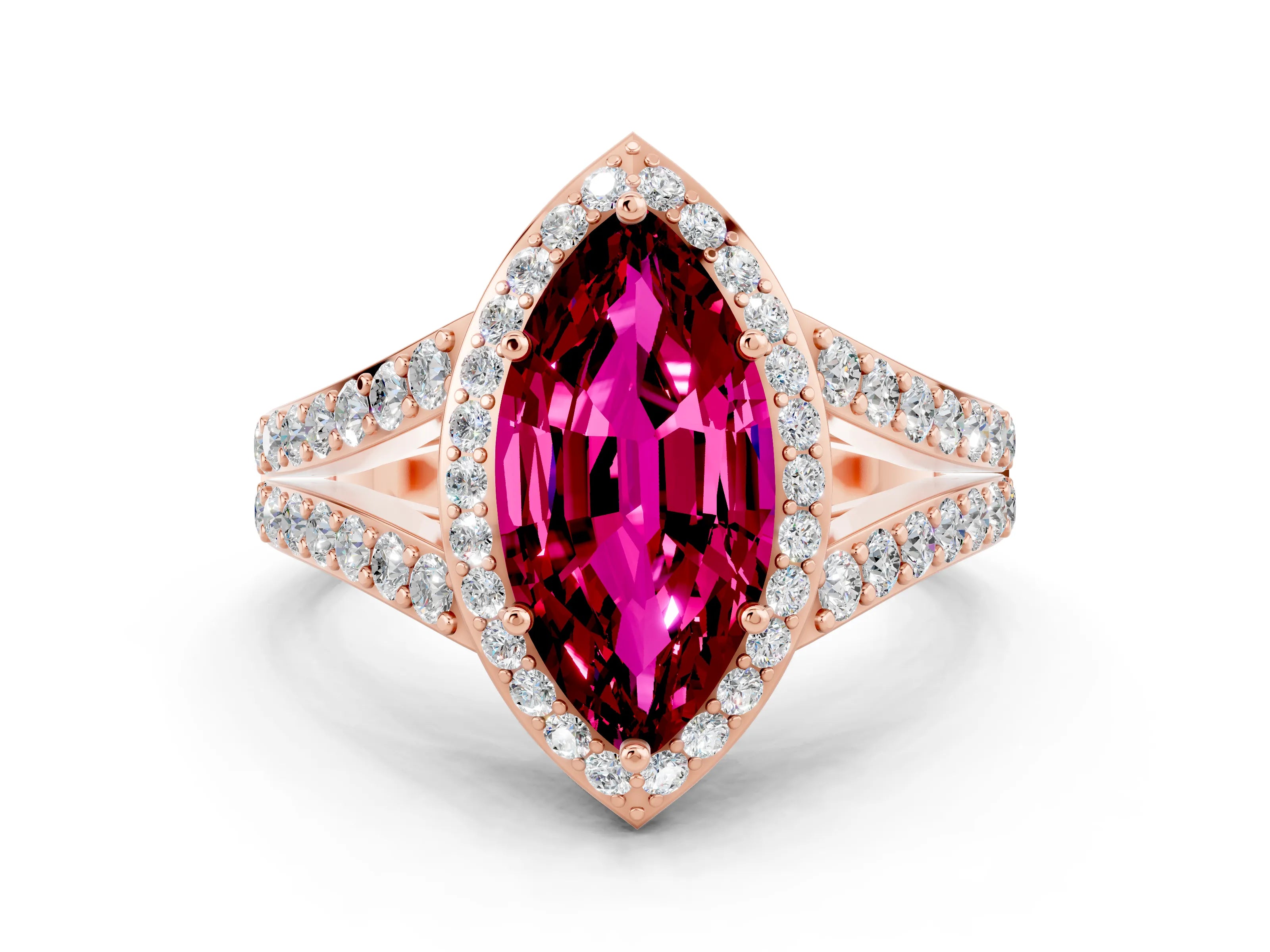 Rose gold Marquise Cut Garnet Split Shank Halo Ring with Four-Prong Setting_12