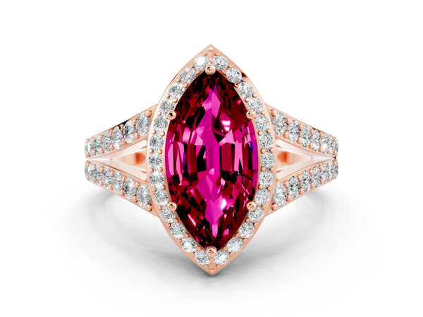 Rose gold Marquise Cut Garnet Split Shank Halo Ring with Four-Prong Setting