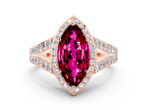 Rose gold Marquise Cut Garnet Split Shank Halo Ring with Four-Prong Setting_12