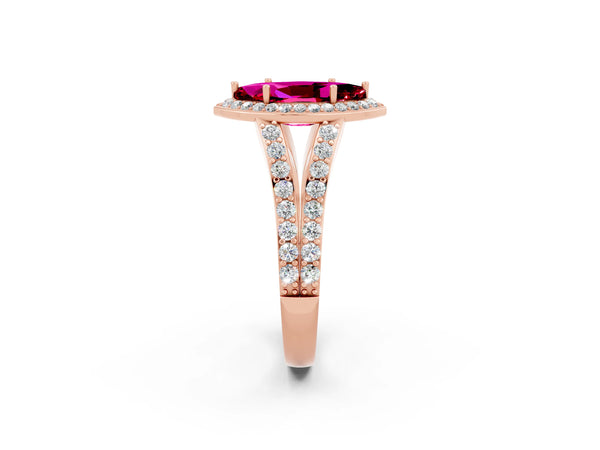 Rose gold Marquise Cut Garnet Split Shank Halo Ring with Four-Prong Setting