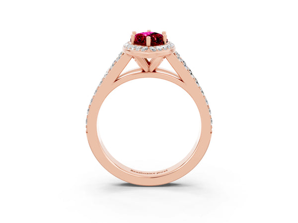 Rose gold Marquise Cut Garnet Split Shank Halo Ring with Four-Prong Setting