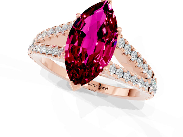 Rose gold Marquise Cut Garnet Split Shank Pavé Engagement Ring with Four-Prong Setting