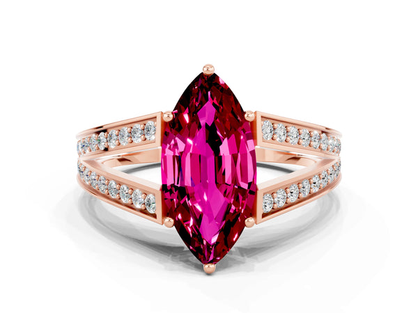 Rose gold Marquise Cut Garnet Split Shank Ring with Pavé Band and Four-Prong Setting