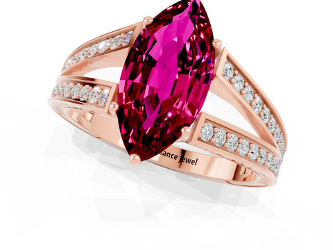 Rose gold Marquise Cut Garnet Split Shank Ring with Pavé Band and Four-Prong Setting_1