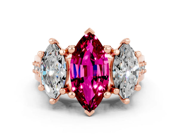 Rose gold Marquise Cut Garnet Three-Stone Ring with Channel Set Band and Four-Prong Setting