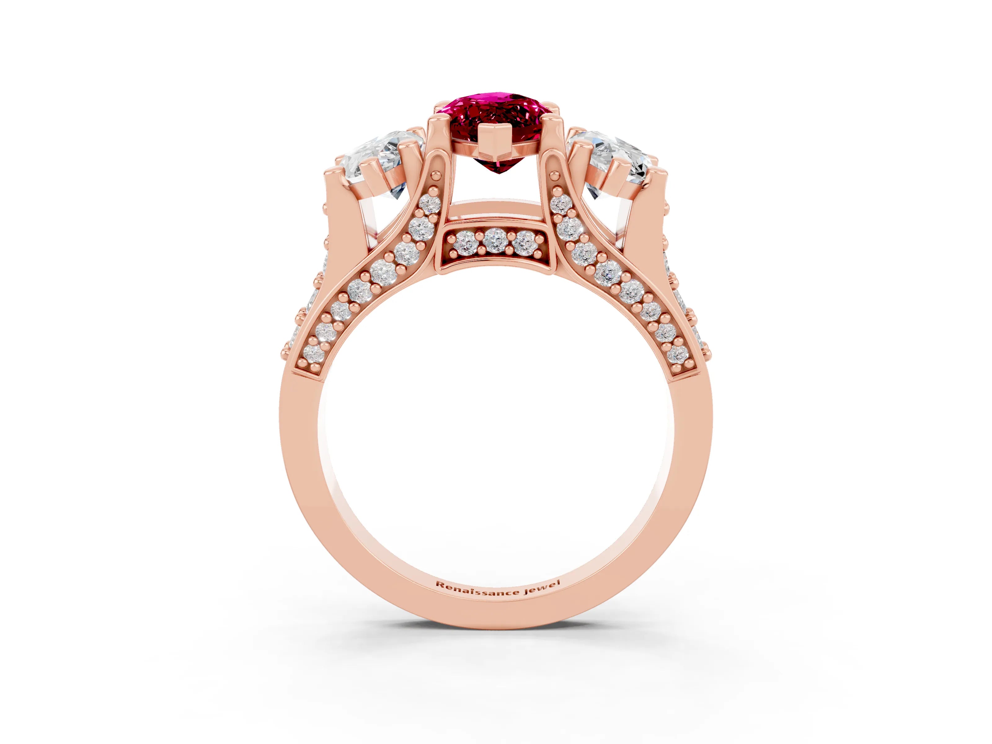 Rose gold Marquise Cut Garnet Three-Stone Ring with Channel Set Band and Four-Prong Setting_3