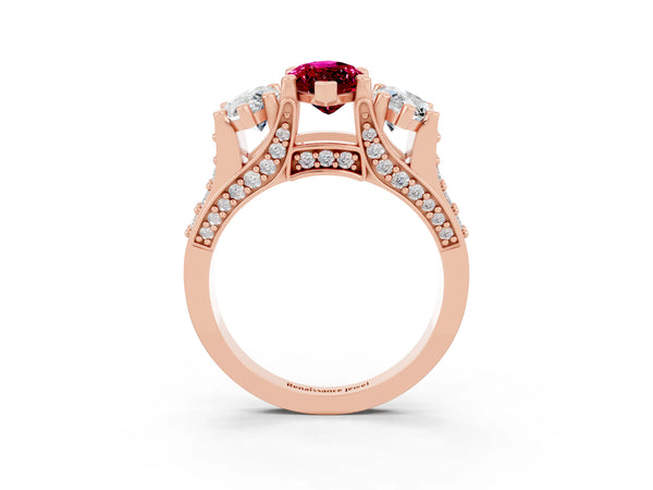Rose gold Marquise Cut Garnet Three-Stone Ring with Channel Set Band and Four-Prong Setting