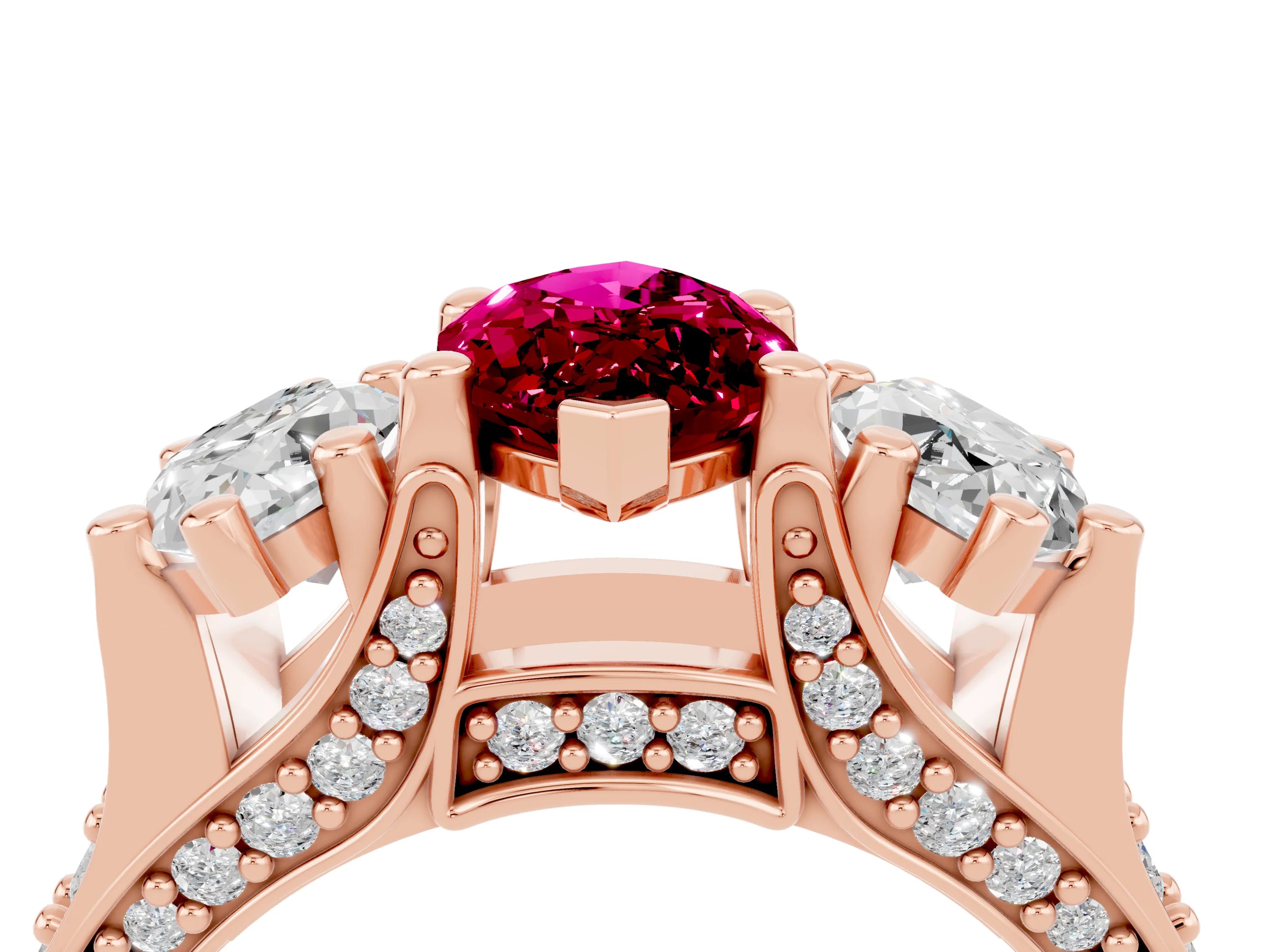 Rose gold Marquise Cut Garnet Three-Stone Ring with Channel Set Band and Four-Prong Setting_4