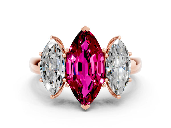 Rose gold Marquise Cut Garnet Three-Stone Ring with Four-Prong Setting and Classic Band