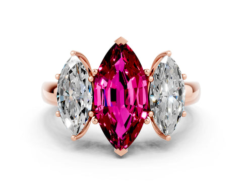 Rose gold Marquise Cut Garnet Three-Stone Ring with Four-Prong Setting and Classic Band