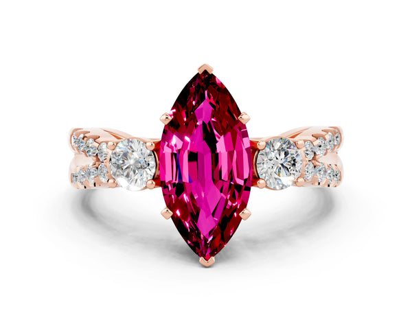 Rose gold Marquise Cut Garnet Three-Stone Ring with Pavé Split Shank and Four-Prong Setting