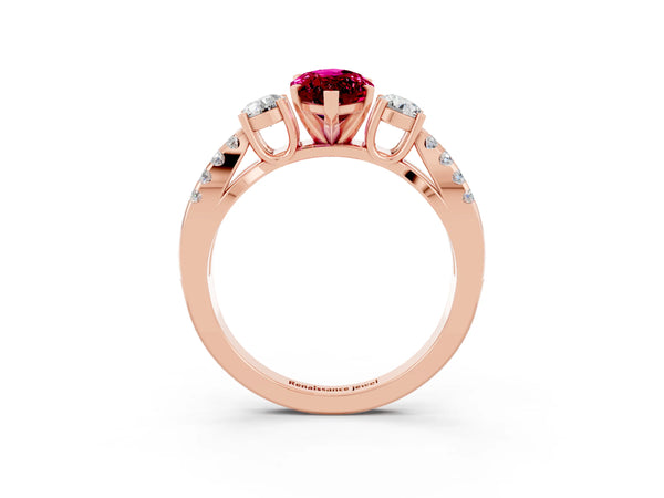 Rose gold Marquise Cut Garnet Three-Stone Ring with Pavé Split Shank and Four-Prong Setting