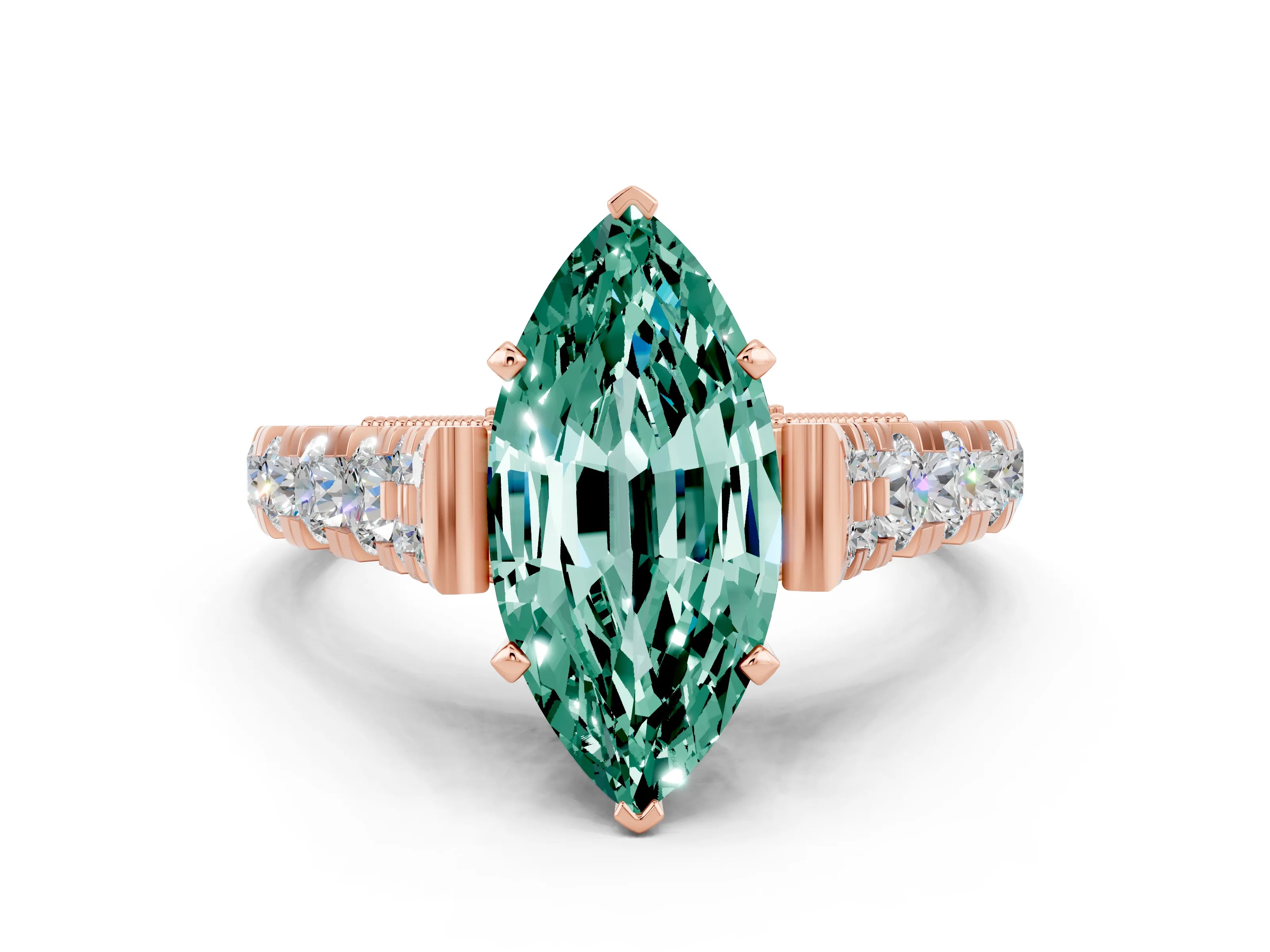 Rose gold Marquise Cut Green Sapphire Classic Solitaire Ring with Pavé Band and Four-Prong Setting
