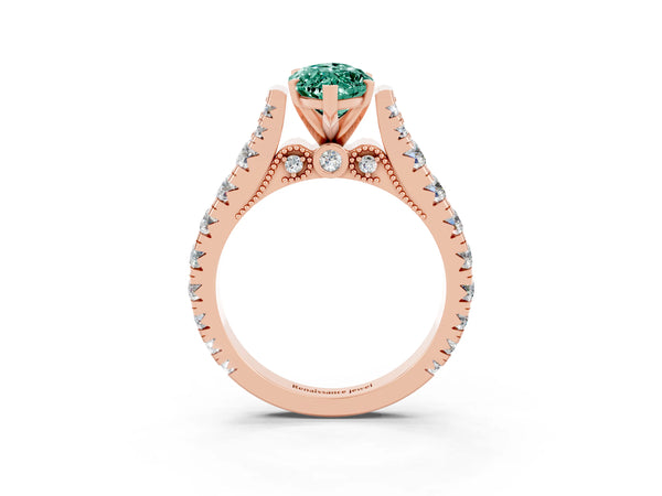 Rose gold Marquise Cut Green Sapphire Classic Solitaire Ring with Pavé Band and Four-Prong Setting
