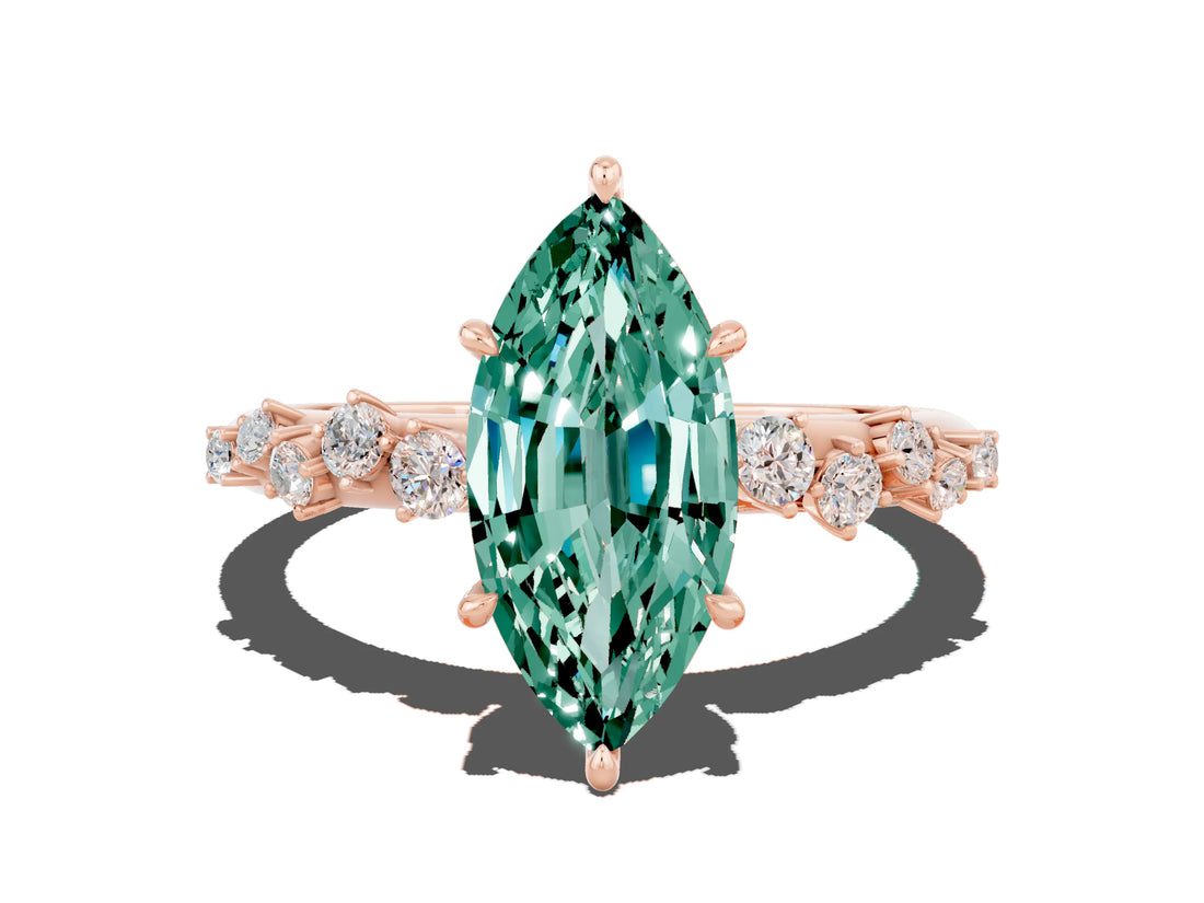 Rose gold Marquise Cut Green Sapphire Cluster Side Stone Solitaire Ring with Prong Setting_24