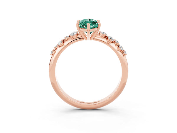 Rose gold Marquise Cut Green Sapphire Cluster Side Stone Solitaire Ring with Prong Setting