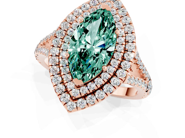 Rose gold Marquise Cut Green Sapphire Double Halo Ring with Pavé Band and Prong Setting