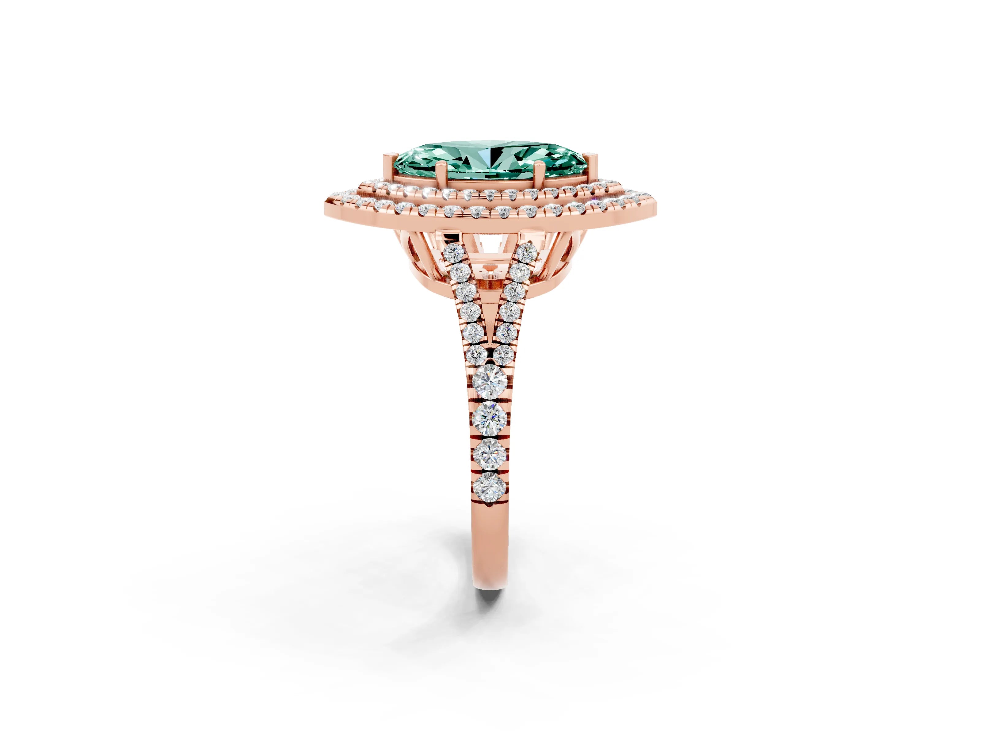 Rose gold Marquise Cut Green Sapphire Double Halo Ring with Pavé Band and Prong Setting_14