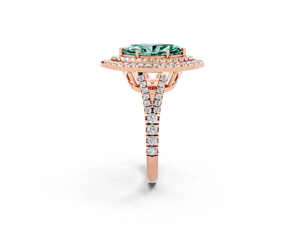 Rose gold Marquise Cut Green Sapphire Double Halo Ring with Pavé Band and Prong Setting