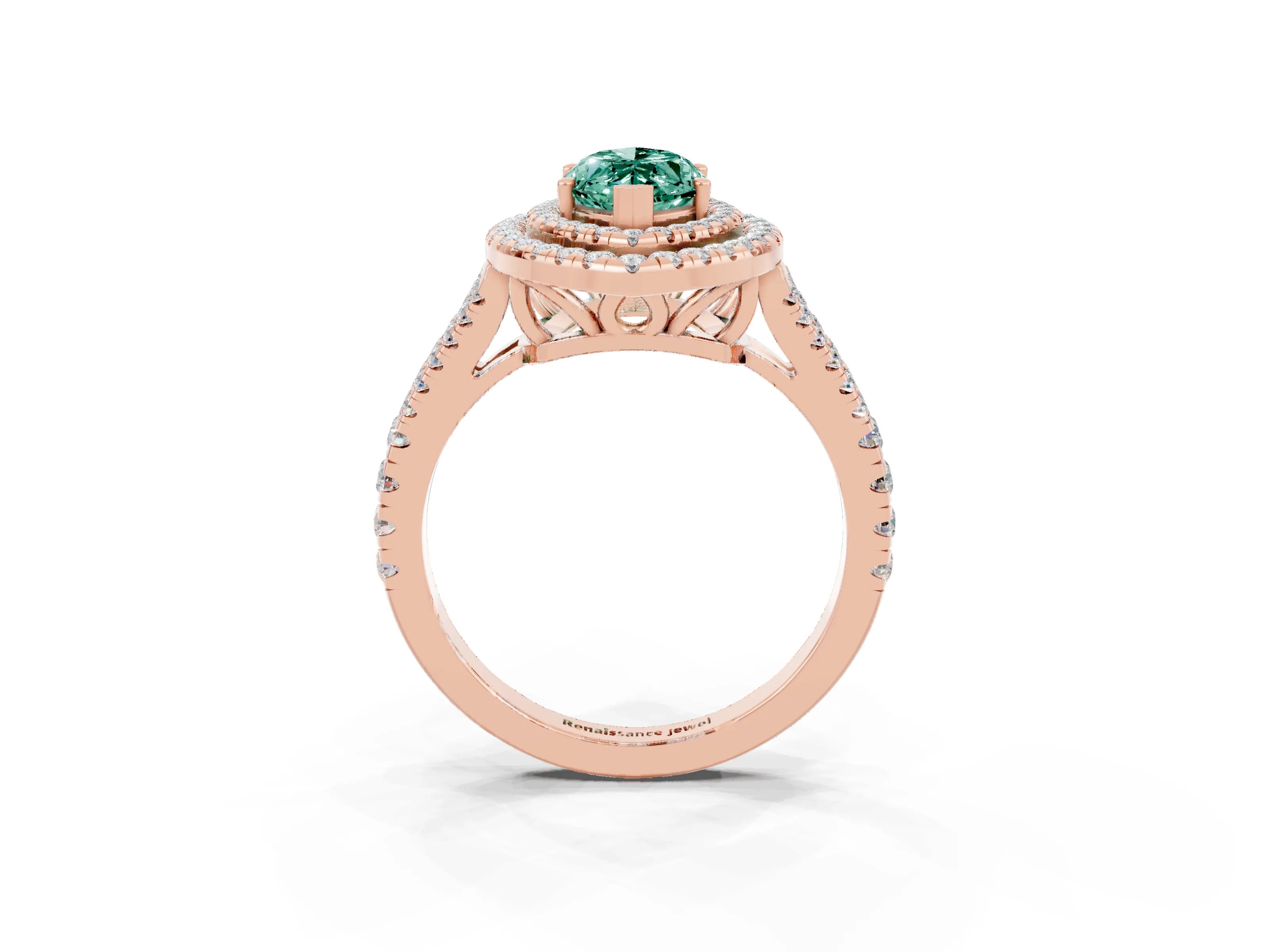 Rose gold Marquise Cut Green Sapphire Double Halo Ring with Pavé Band and Prong Setting_15
