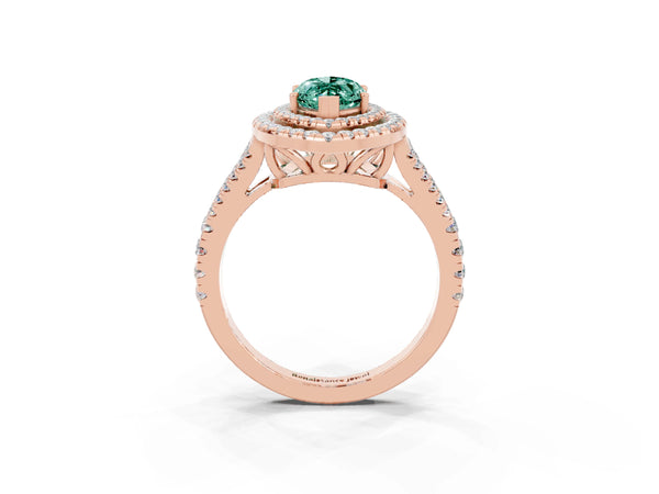 Rose gold Marquise Cut Green Sapphire Double Halo Ring with Pavé Band and Prong Setting