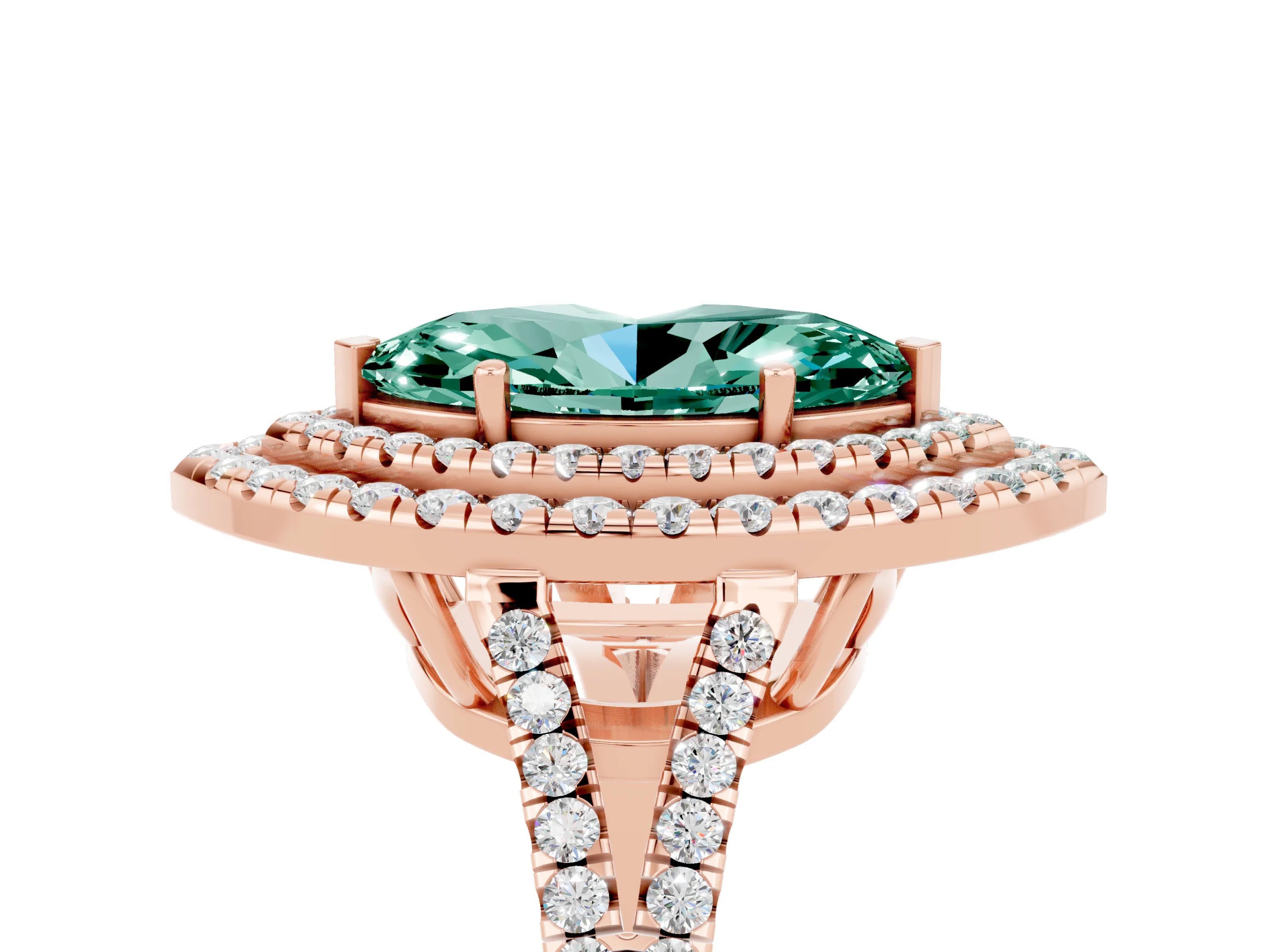 Rose gold Marquise Cut Green Sapphire Double Halo Ring with Pavé Band and Prong Setting_17