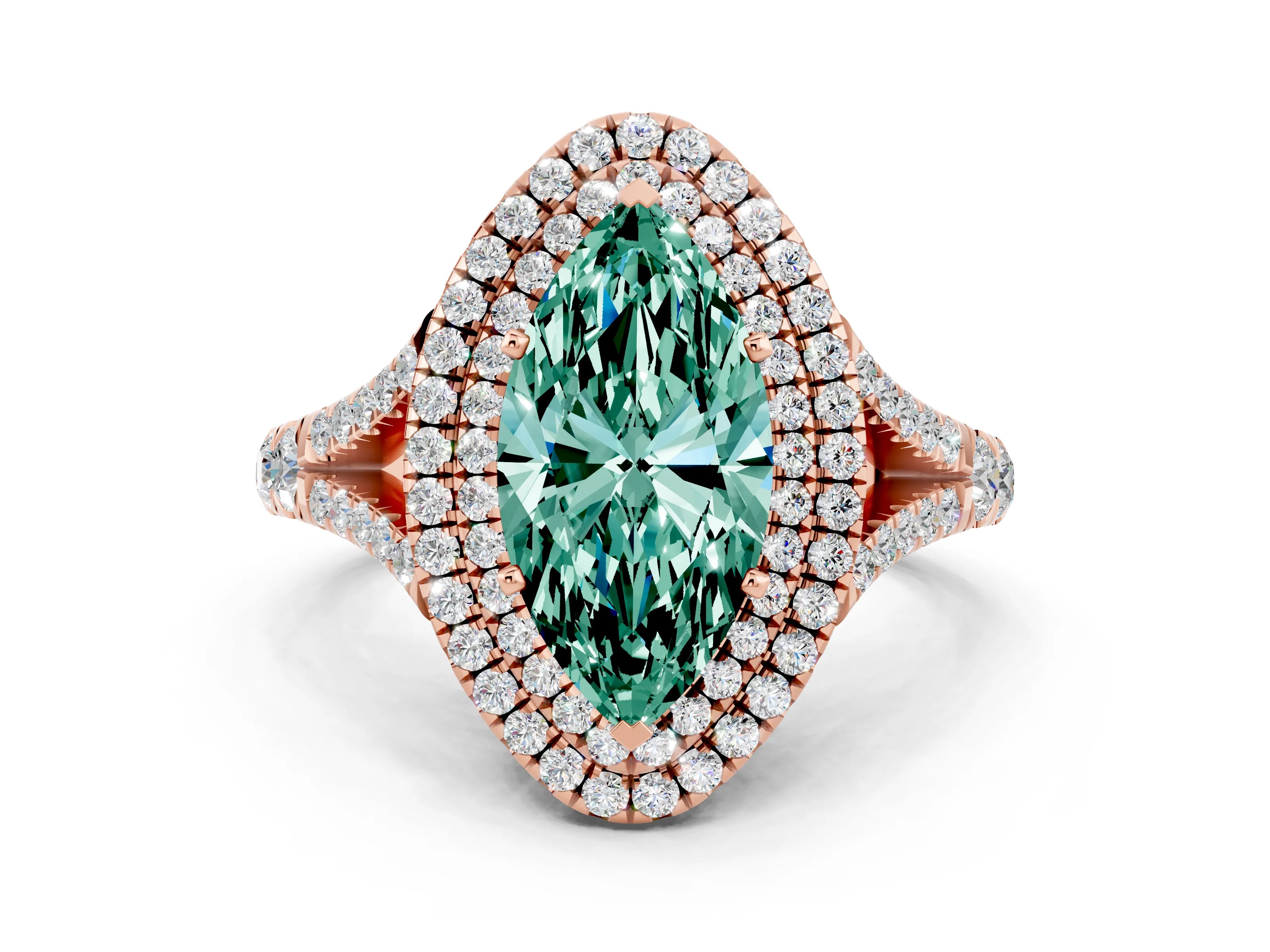 Rose gold Marquise Cut Green Sapphire Double Halo Ring with Split Shank and Prong Setting_12