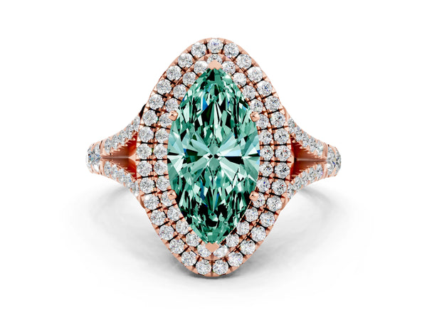 Rose gold Marquise Cut Green Sapphire Double Halo Ring with Split Shank and Prong Setting