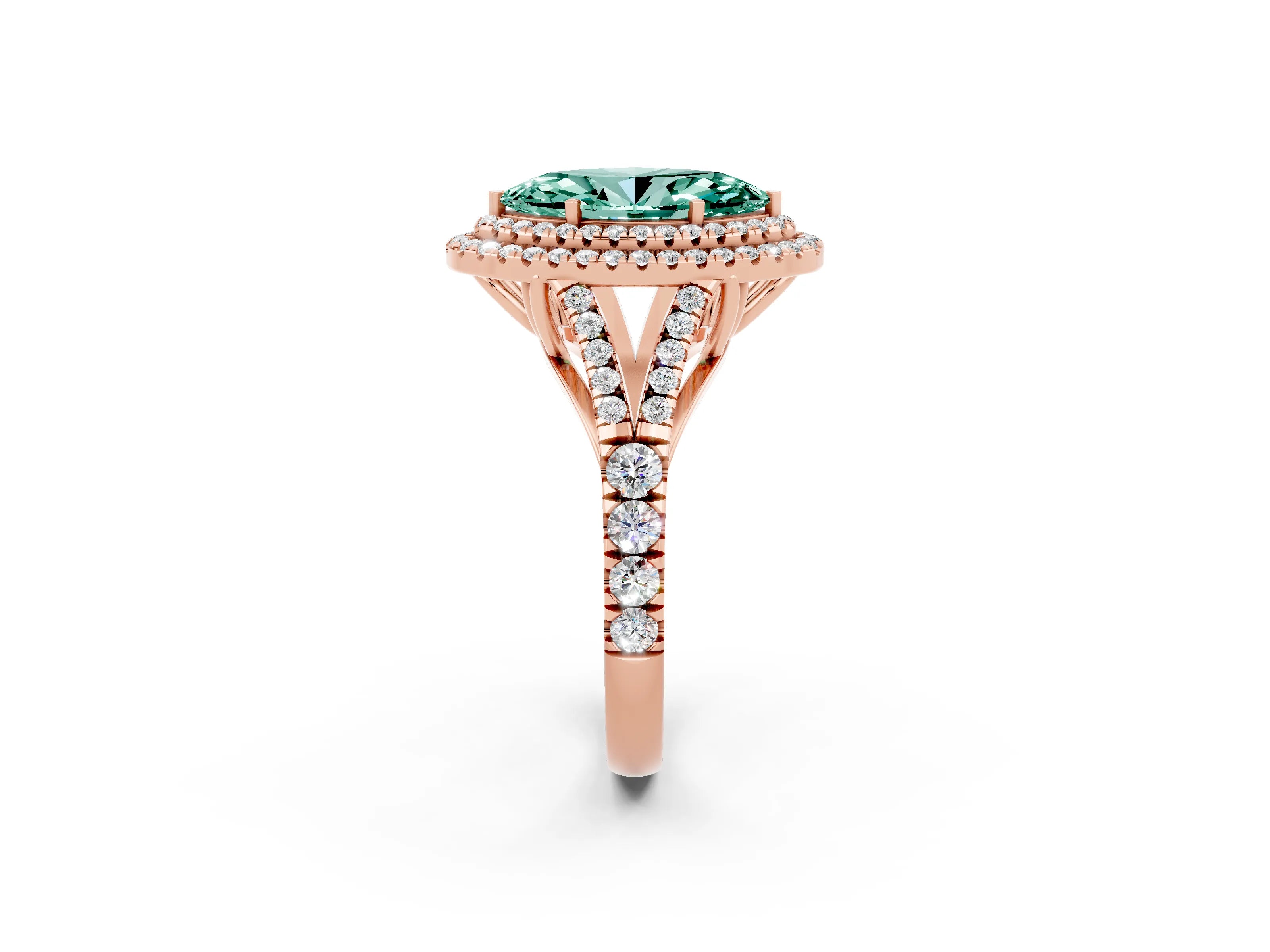 Rose gold Marquise Cut Green Sapphire Double Halo Ring with Split Shank and Prong Setting_14