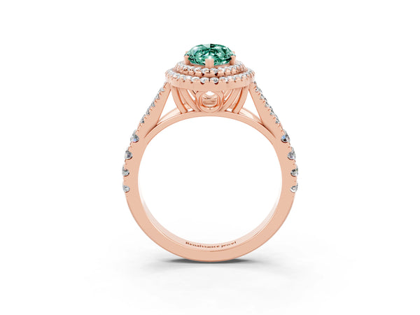 Rose gold Marquise Cut Green Sapphire Double Halo Ring with Split Shank and Prong Setting