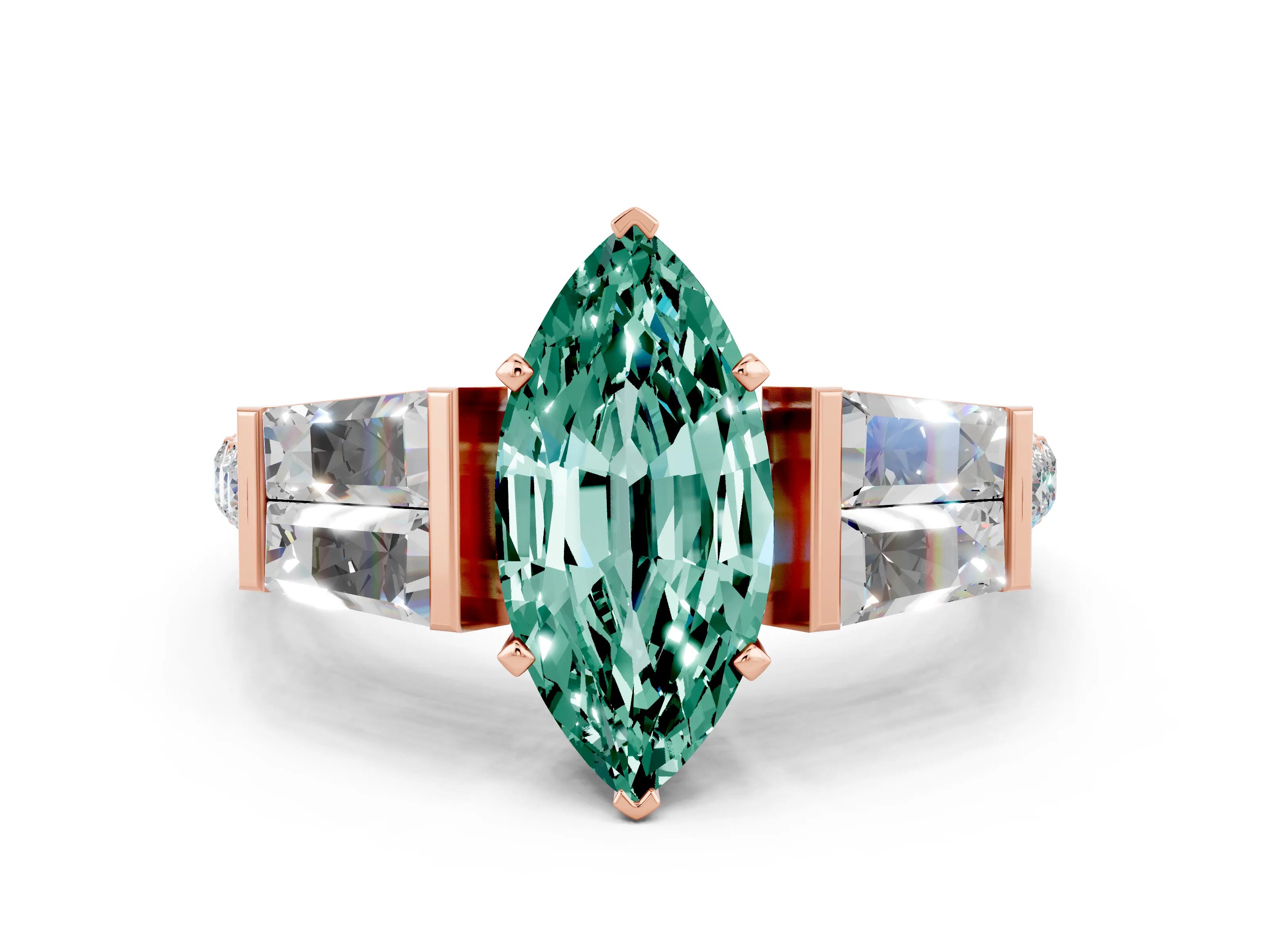 Rose gold Marquise Cut Green Sapphire Engagement Ring with Baguette Side Stones and Channel Set Band