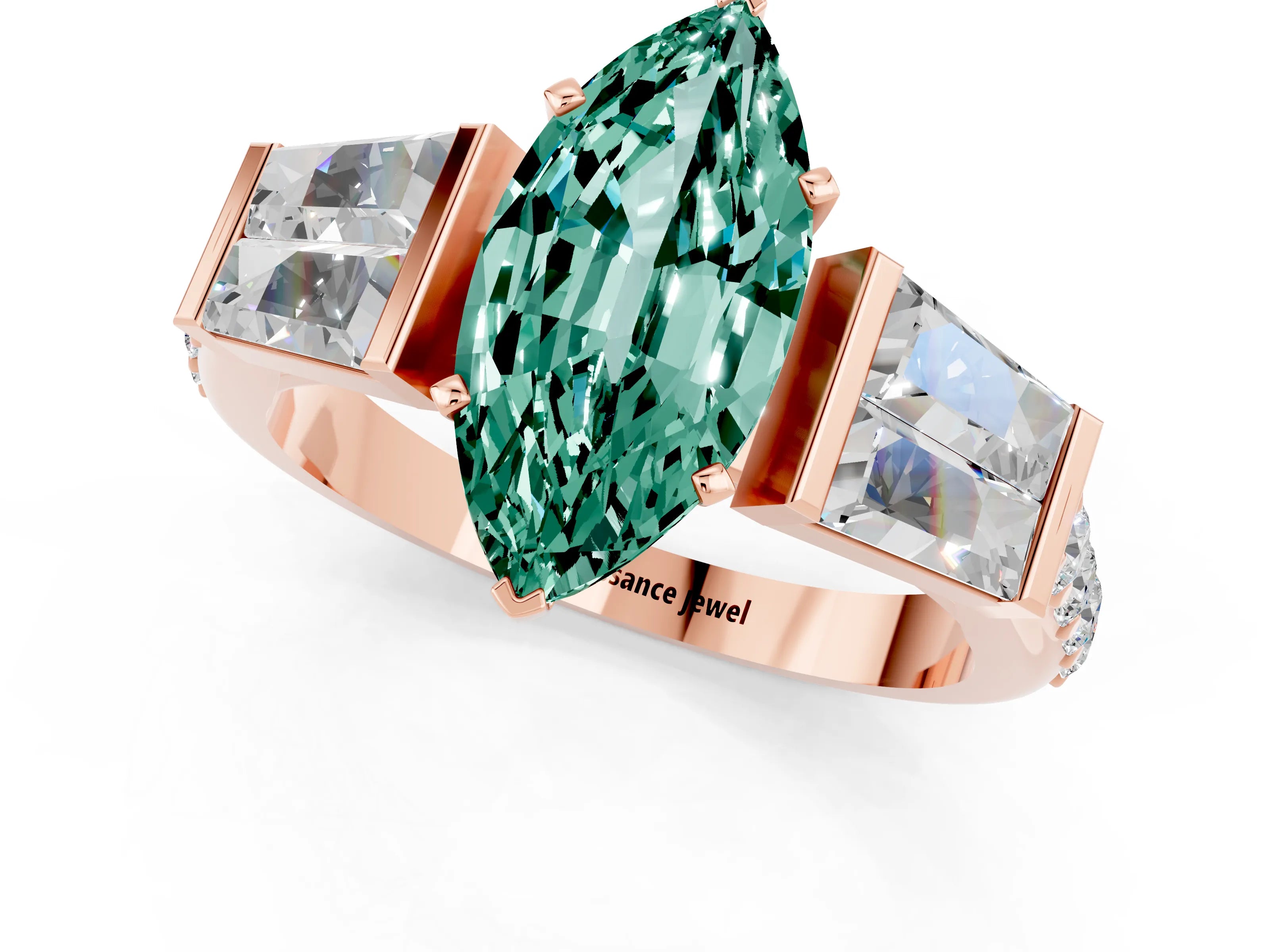 Rose gold Marquise Cut Green Sapphire Engagement Ring with Baguette Side Stones and Channel Set Band_1