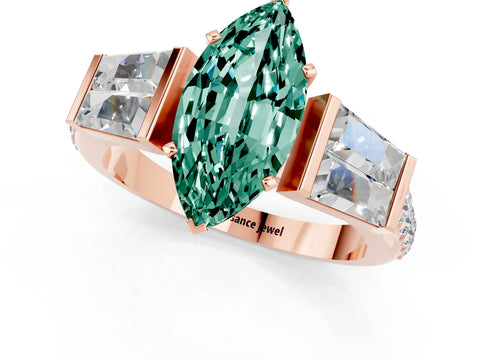 Rose gold Marquise Cut Green Sapphire Engagement Ring with Baguette Side Stones and Channel Set Band_1