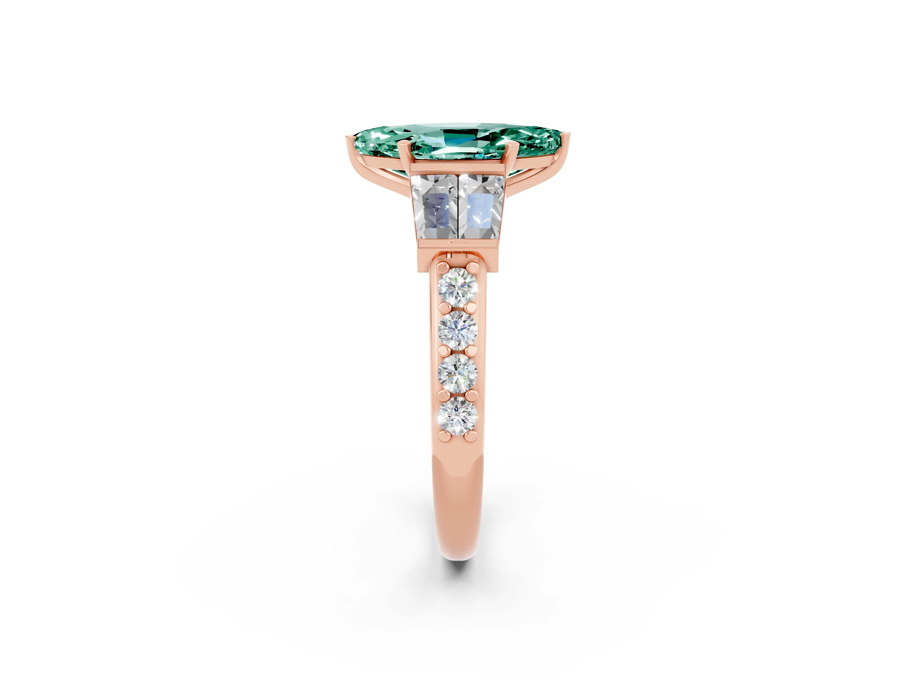 Rose gold Marquise Cut Green Sapphire Engagement Ring with Baguette Side Stones and Channel Set Band_2